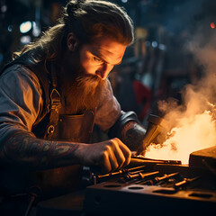 Wall Mural - A close-up of a blacksmith working on a glowing-hot rod