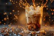 Eiskaffee in ein großes Glas gegossen, Eiswürfel und Kaffee, Konzept Eiskaffee in einem Cafe