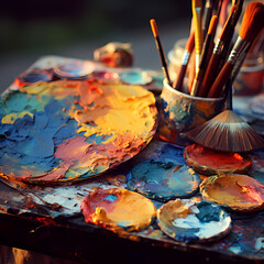 Wall Mural - A close-up of a painters palette and brushes.
