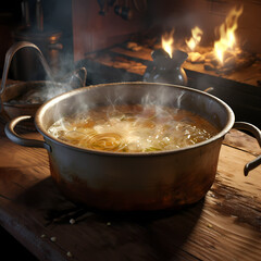 Wall Mural - A close-up of a pot of bubbling soup in a rustic kitchen