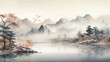 Abstract beautiful traditional chinese or japanese temple house hill with river, cloudy and mountain scenery landscape watercolor painting wallpaper oriental background. Clouds, mountain, river