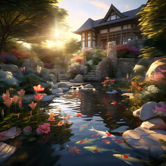 Poster - A serene garden with blooming flowers and a koi pond