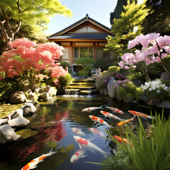 Sticker - A serene garden with blooming flowers and a koi pond