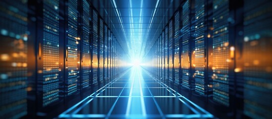 Poster - A computer server room in a parallel world, with electric blue light emanating from the ceiling. The engineering space is filled with symmetry, creating a mesmerizing pattern in the darkness