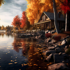 Canvas Print - A tranquil lakeside cabin surrounded by autumn foliage