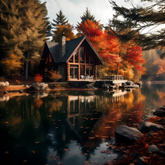 Sticker - A tranquil lakeside cabin surrounded by autumn foliage