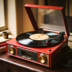 Poster - A vintage record player with vinyl records