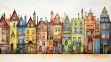Fototapeta Uliczki - The watercolor illustration showcases a historic neighborhood, complete with colorful facades, narrow streets, and architectural details evoking bygone eras.