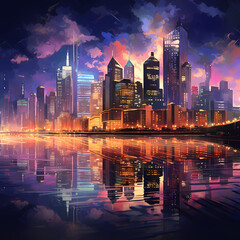 Poster - Nighttime cityscape with reflections in the water. 