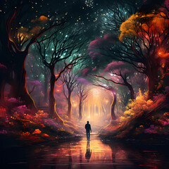 Wall Mural - Person walking through a magical forest with glowing lights