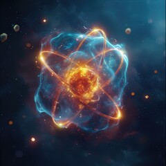 Wall Mural - atomic dance: subatomic realm, electrons, neutrons, and protons orbit a fixed nucleus in a model emp