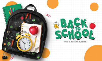 Fototapete - Back to school vector design. Back to school greeting text with fashionable black backpack, notebook, alarm clock and pencil elements for educational learning background. Vector illustration school 