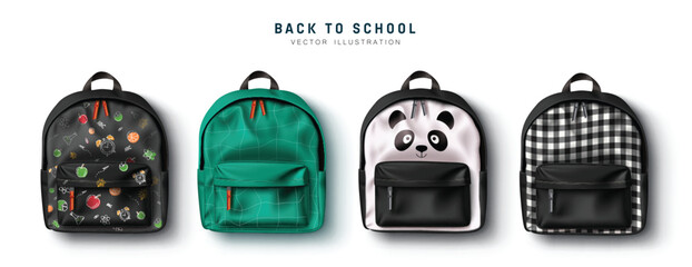 Fototapete - Back to school bag vector set design. School bag elements collection for student and college trendy satchel educational school supplies elements. Vector illustration back to school greeting background