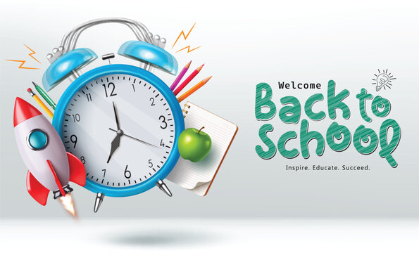 Back to school text vector design. Welcome back to school greeting with alarm clock, rocket ship, notebook learning items and elements for educational background. Vector illustration school greeting 