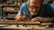 An elderly craftsman meticulously carves into a wooden surface, exemplifying skill, patience, and the timeless craft of woodworking.
