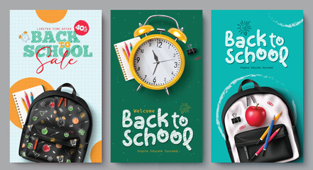 Fototapete - Back to school vector set poster design. Back to school sale and greeting text with school bag, alarm clock and color pencil items and elements for educational flyers lay out collection. Vector 