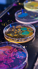 close-up of petri dishes with colorful bacterial cultures, scientific research and microbiology.