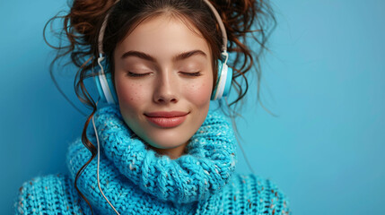 Young woman in winter attire enjoying music, her eyes closed in bliss, a symbol of relaxation and the joy found in simple pleasures.
