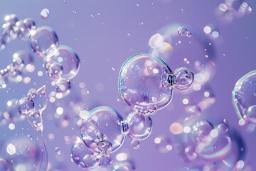 Poster - Transparent bubbles floating on purple background - Captivating image of transparent bubbles with reflections floating seamlessly on a serene purple backdrop