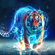 Flame tiger prowling through icy terrain, fire and frost in harmony