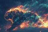Fototapeta  - flame tiger under the northern, ice and fire beneath the cosmic dance