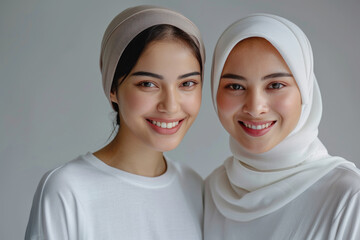 Wall Mural - Malay women wearing white t-shirt smile having a good time together