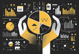 Fototapeta Londyn - Minimalist Business Analysis: Hands Holding Pie Chart with Graphical Elements in Yellow, Black, Grey, and White Palette