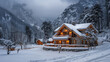 A cozy cabin in a snowy landscape at dusk, exuding warmth and solitude, concept: winter retreat.
