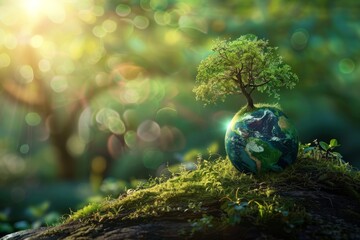 Wall Mural - globe on ground with tree sapling, forest background