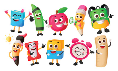 Poster - School elements characters vector set design. School supplies in cute cartoon characters like book, color, apple, bag, brush, sharpener and eraser learning educational items collection. Vector 