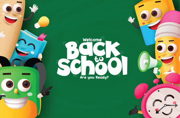 Fototapete - Back to school greeting vector template. Welcome back to school text with ruler, bag, books, pencil and alarm clock cartoon characters in learning chalkboard background. Vector illustration school 