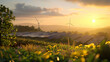 Golden hour sunlight illuminates a renewable energy landscape with wind turbines and solar panels.
