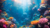 Fototapeta Do akwarium - Ethereal underwater kingdom with vibrant coral reefs, exotic marine life, and sunrays piercing azure depths.