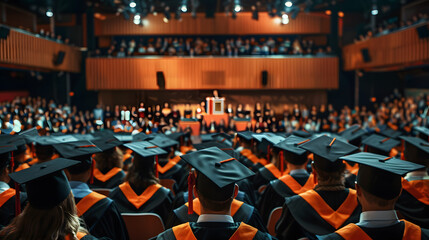 A wide shot of a graduation ceremony, with details of the graduates sitting in rows, the professors and dignitaries on stage, and the excitement in the air.