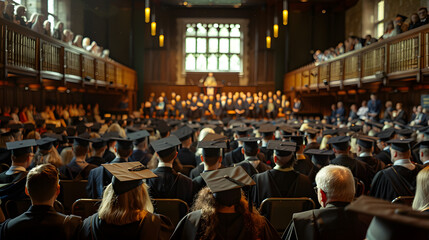 Wall Mural - A wide shot of a graduation ceremony, with details of the graduates sitting in rows, the professors and dignitaries on stage, and the excitement in the air.