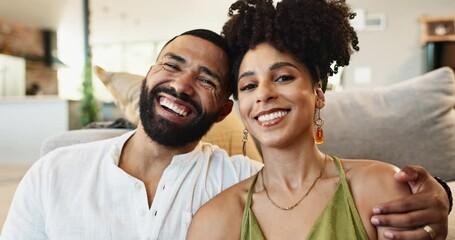 Poster - Couple, love and laugh for chill, funny and date for marriage, relax and bonding together in lounge. Partner, married people and rest for humor, romance and trust on fun weekend break in home