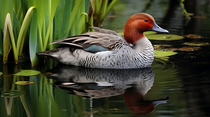 tranquil scene: two graceful gadwalls serenely resting at the water's edge of a serene lake, embodyi