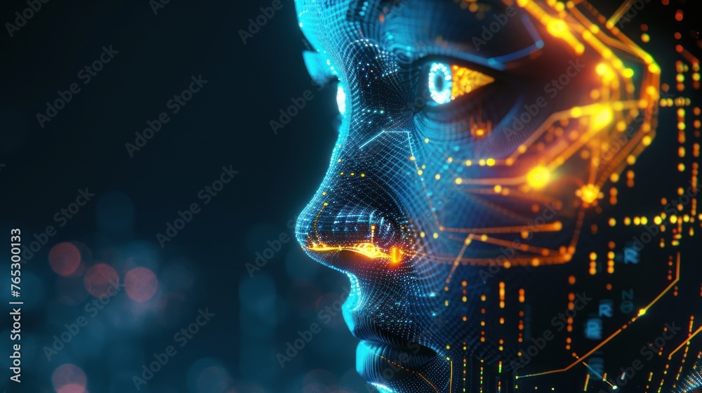 Side view of a humanoid head with blue and yellow eyes and vibrant neon ...