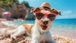 A stylish dog in sunglasses and a hat is chilling on the sunny beach, enjoying the summer vibes