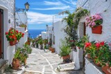 Fototapeta Uliczki - Whitewashed Greek alley flowerpots sea view