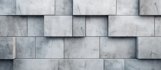 Poster - A detailed shot of a grey concrete wall composed of rectangular bricks, creating a parallel pattern. The flooring material is a composite material with tints and shades of grey resembling wood