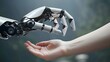 Robot gives a hand to a woman. Two hands in offer position. Artificial intelligence conceptual business design