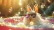 A little white rabbit in fashionable sunglasses lies lazily in a simulated pool full of bubbles. The sun shines through the perspective on its fur, with a cute and happy expression. Adopting a natural