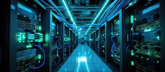 Poster - A building filled with electric bluelit servers in a data center. The symmetrical layout and glass walls showcase advanced technology and engineering