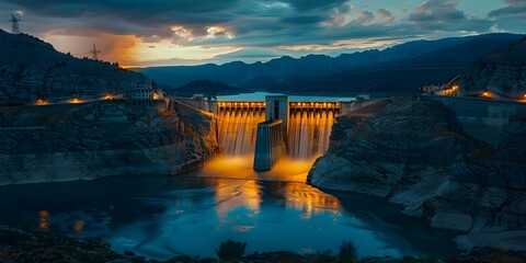 Wall Mural - Nighttime photo of hydroelectric dam with illuminated turbines showcasing continuous clean energy generation. Concept Clean Energy, Night Photography, Hydroelectric Power, Illuminated Turbines