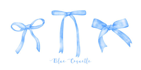 set of Trendy Blue Coquette ribbon bow Watercolor hand painting soft pastel