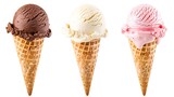 Fototapeta Panele - Variety of ice cream scoops in cones with chocolate, vanilla and strawberry