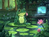 Fototapeta Do akwarium - A contented frog sits on a lily pad, playing a video game in a room that merges cozy home vibes with a swampy haven.