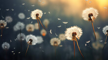 Flying Dandelion Fluffs With Bokeh In Ultimate Gray Background.