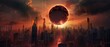 Solar eclipse over a city skyline, metaphor for the overshadowing threat of climate change on modern civilization